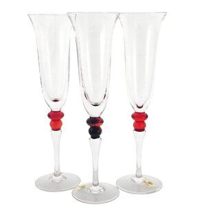 3 Antonio Imperatore Champagne Flutes 9.5" Italian hand blown crystal red stem l